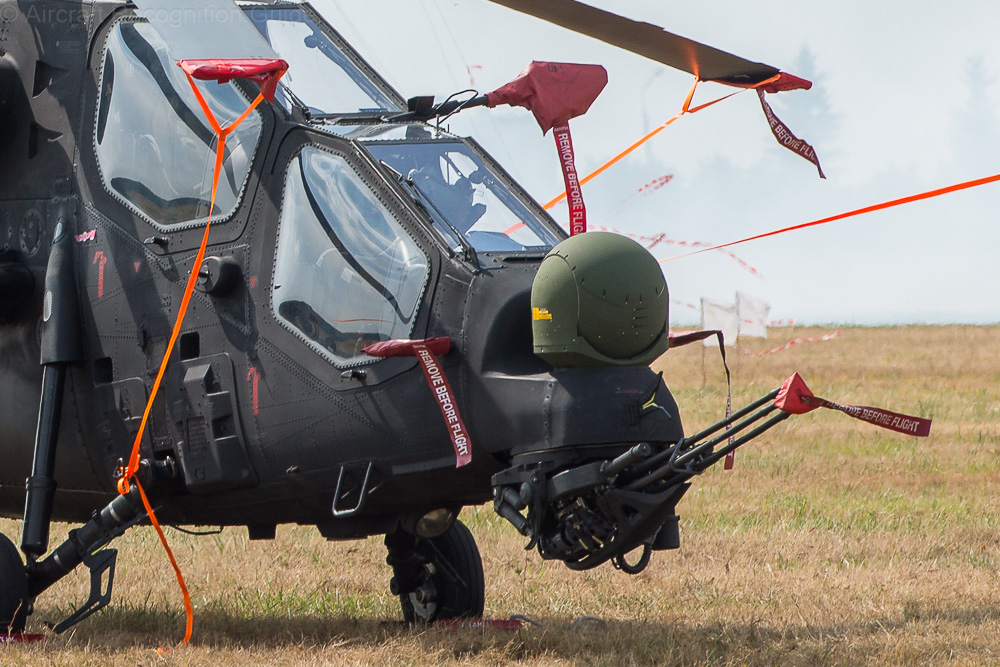 The T129 has a dome-shaped turret sensor on top of the nose, and only a cable cutter below. Image