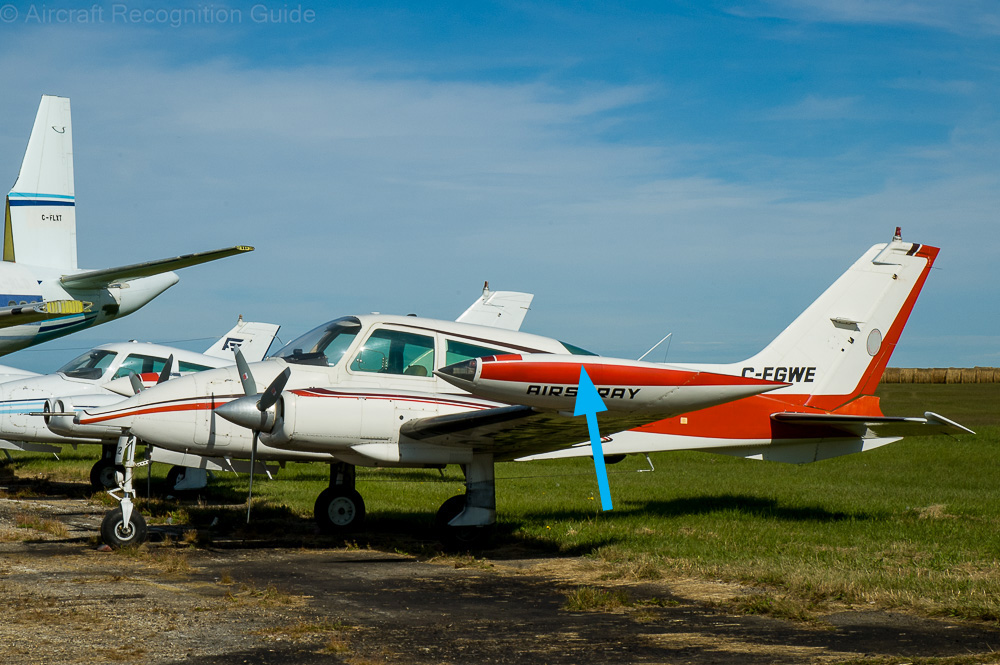 This late model Cessna 310Q has a higher roof than previous versions. In it is a window, marked by the arrow. Image