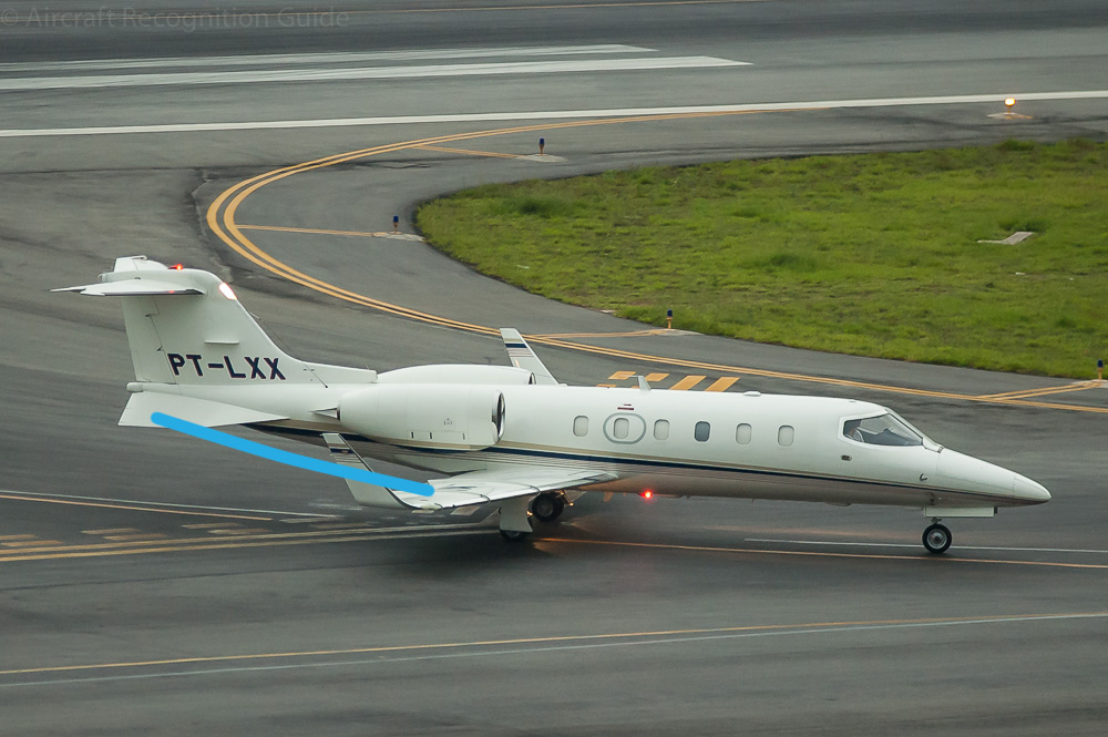 A standard Learjet 31, with delta fins and swept wings with winglets. The rear fuselage starts to slope up after the wings. Image