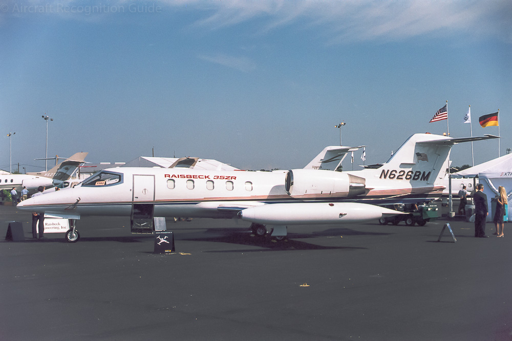 For improved performance Raisbeck Engineering modified a Learjet 35A with redesigned wing roots, marketed as Learjet 35ZR. Note that the wing root lines up with the third cabin window, compared to the fourth on a standard Lear 35. Image