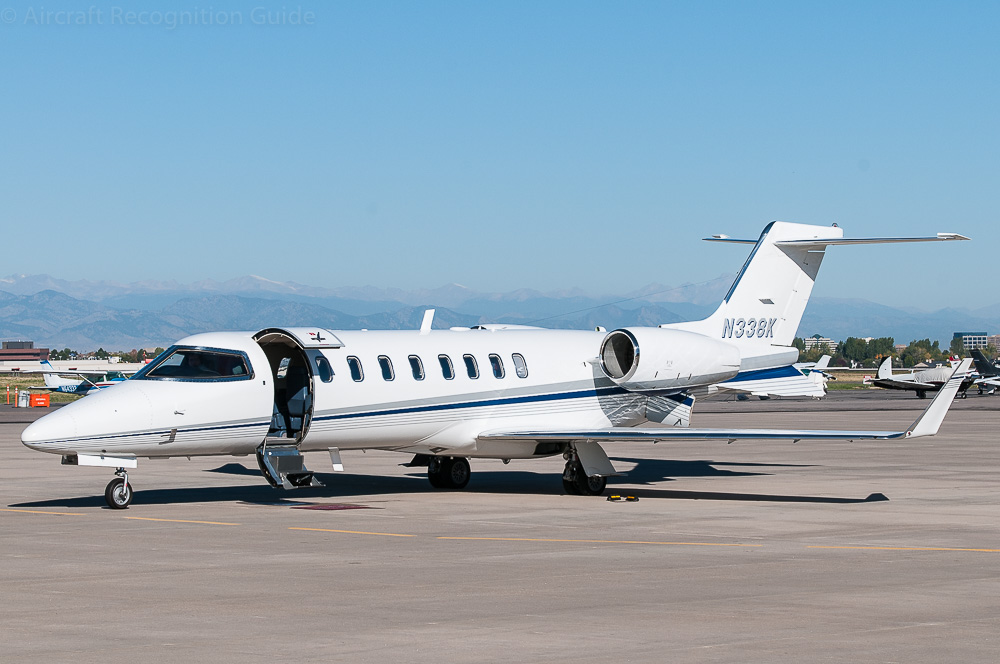 A Learjet 45 with eight cabin windows and winglets perpendicular to the wings. Note the different, slightly higher T-tail. Image