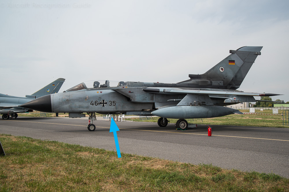 The left side of a Luftwaffe Tornado ECR. Note no cannon, no sensor pod under the nose, but a long one behind the nose gear. Image