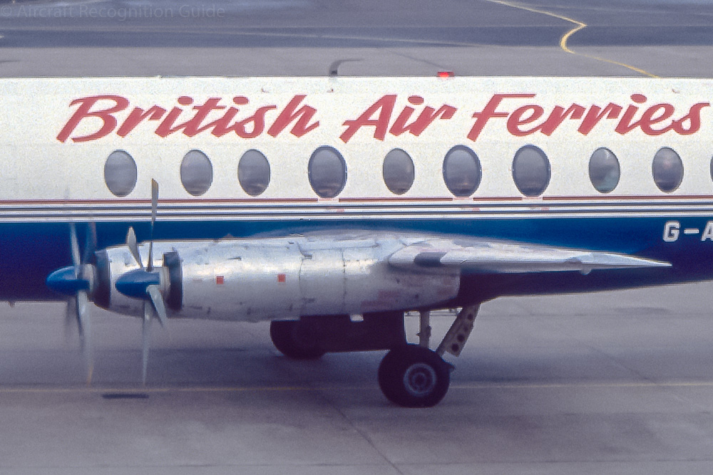 The long, slender engine nacelles with ring shaped air intakes around the propeller spinners and exhausts at the back are characteristic for Rolls Royce Dart engines and thus also for the Viscount. Image